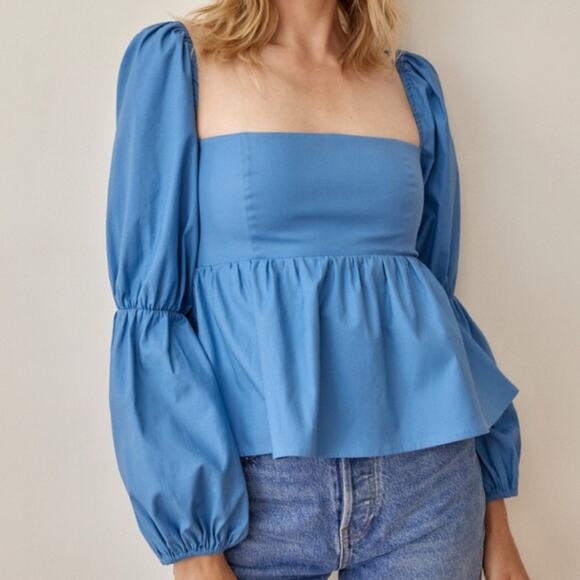 Reformation Jaxley Top Azure Blue Size 4 Puff Sleeve Babydoll Top size 10 - Picture 1 of 7